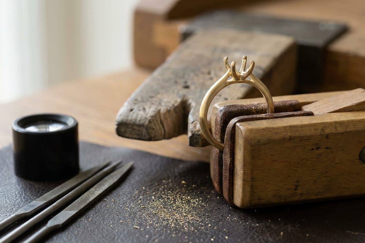 A ring shank held in a clamp at the bench, with files and a loupe beside it