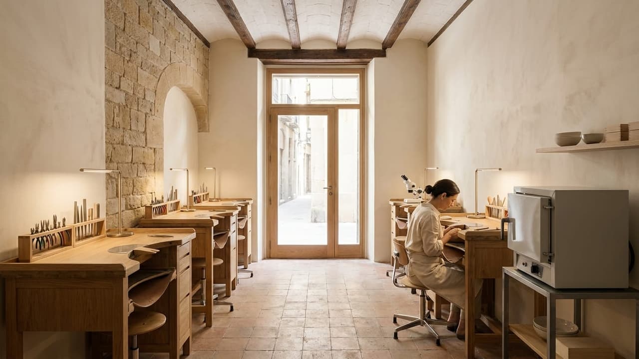 The Orla atelier on Carrer de Petritxol: a long, narrow room with four oak goldsmith's benches, a small kiln and a goldsmith at work by the glass street door
