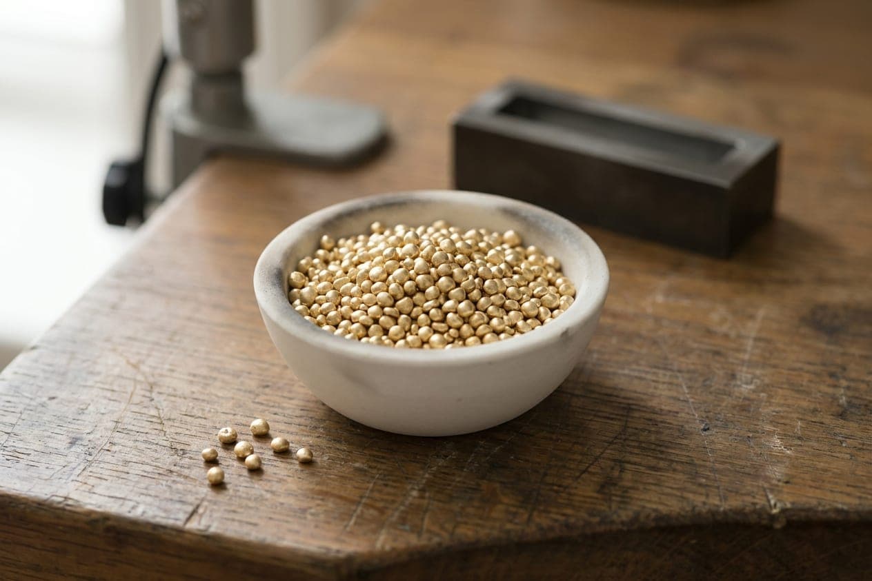 Gold grain in a crucible on the atelier bench