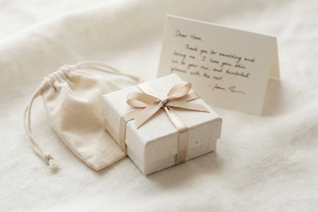 An ivory Orla box tied with champagne ribbon, beside an undyed cotton pouch and a handwritten card