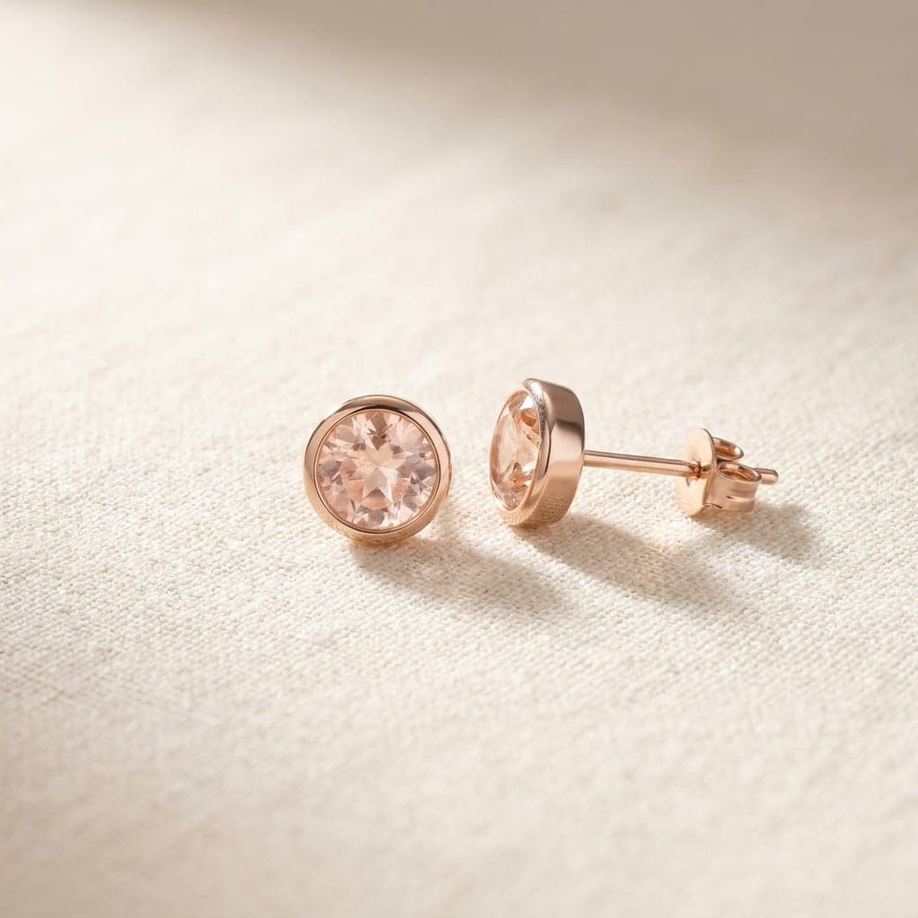 Alba studs: two peach sapphires bezel-set in rose gold, on ivory linen