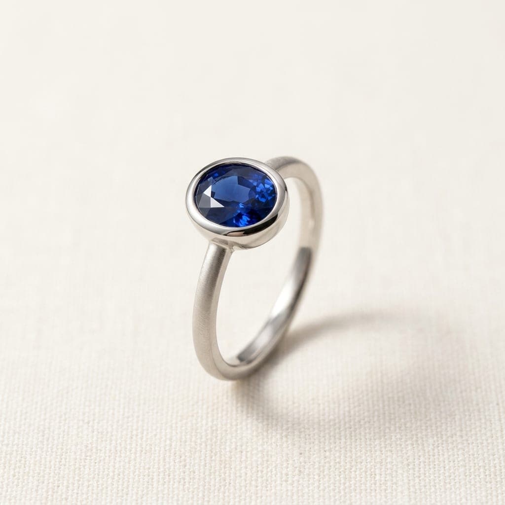 Tramuntana ring in white gold with a bezel-set oval blue sapphire, seen from above