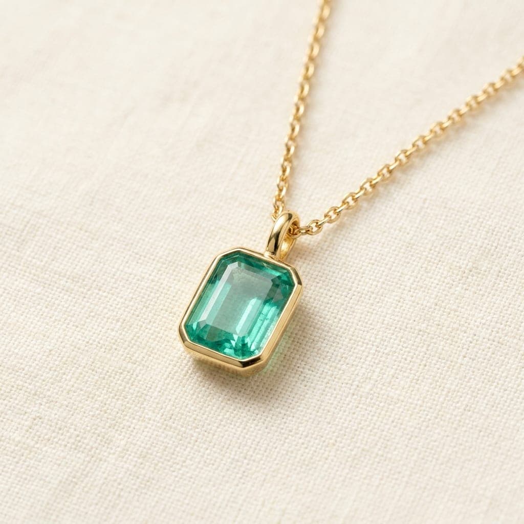 Vinya pendant with a bezel-set emerald-cut emerald on a fine gold chain, laid on ivory linen